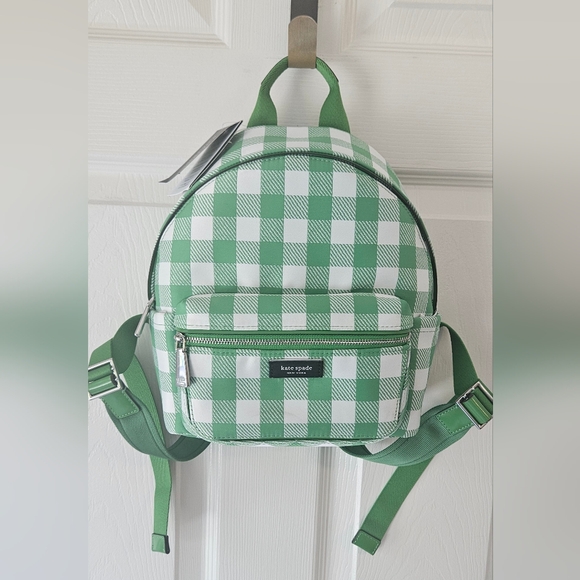 Kate Spade NWT Sam Icon Gingham Small Backpack w/ Leather Trim- Candy Grass - Picture 2 of 10